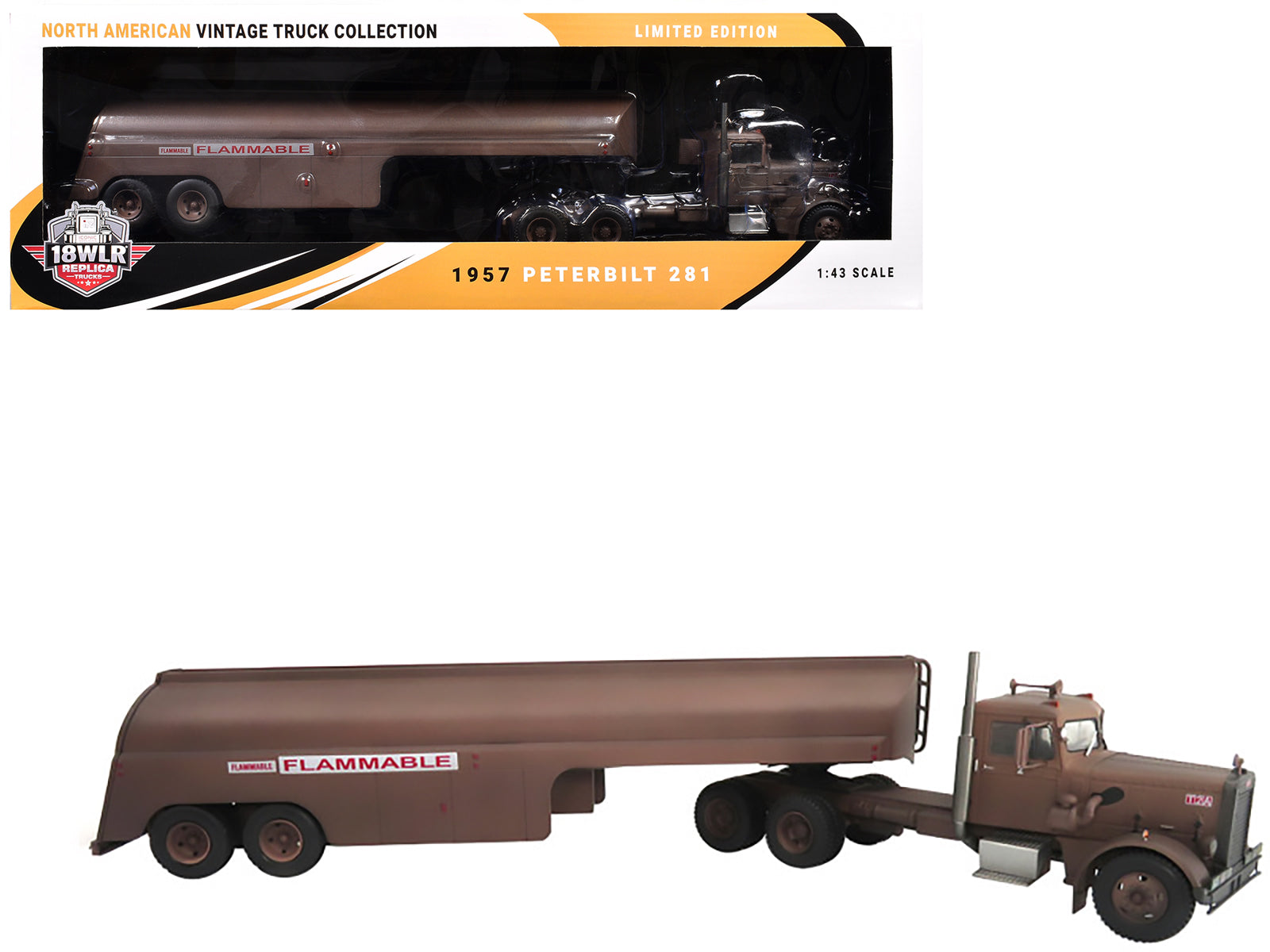 1955 Peterbilt 281 "Needlenose" Tractor with Tanker Trailer Brown (Weathered) "Duel" (1971) Movie 1/43 Diecast Model by Big Rig Replicas