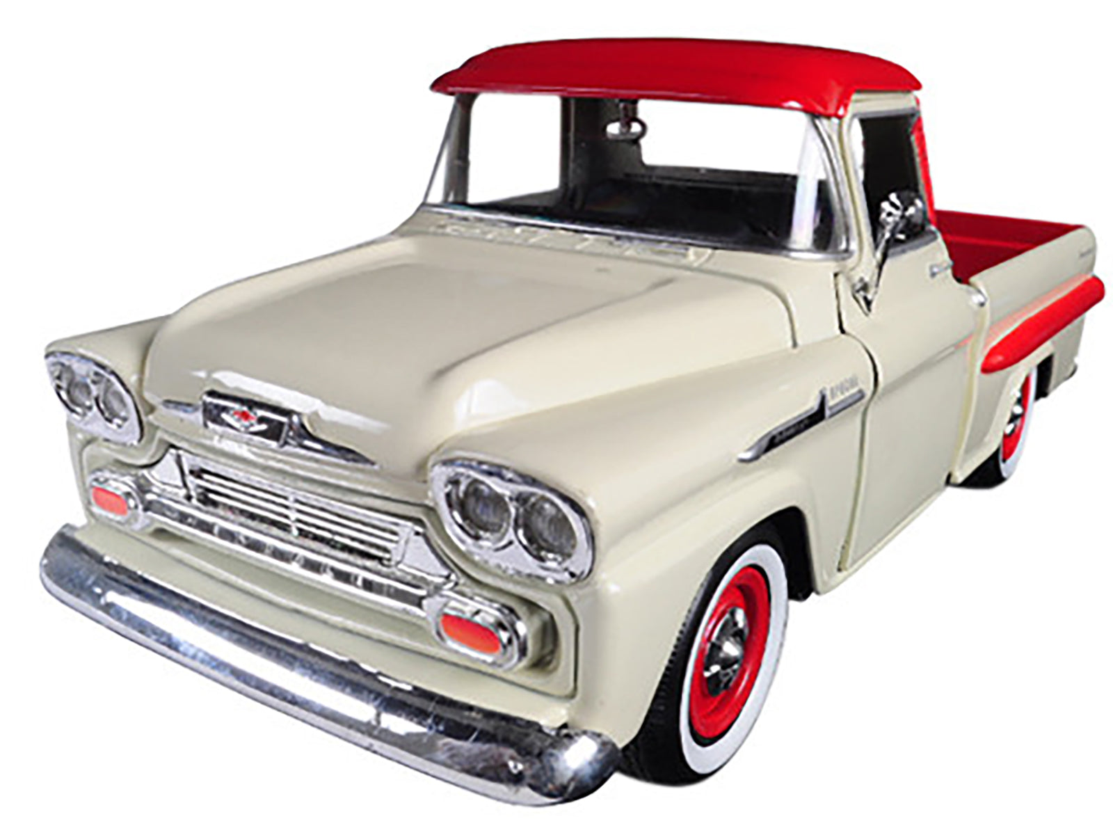 1958 Chevrolet Apache Fleetside Pickup Truck Cream with Red Top 1/24 Diecast Model Car by Motormax