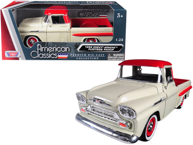 1958 Chevrolet Apache Fleetside Pickup Truck Cream with Red Top 1/24 Diecast Model Car by Motormax